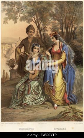 Georgier, 1862. Blatt 25 aus dem Album „Description ethnographique des peuples de la Russie“, Band 1. Beschreibung ethnographique des peuples de la Russie (ethnographische Beschreibung der Völker Russlands) ist ein zweibändiges Werk, das 1862 in Sankt Petersburg veröffentlicht wurde, um das Jahrtausend der Gründung des Russischen Reiches (traditionell bis zur Gründung des Staates Kiewer Rus im Jahr 862) zu markieren. Das Werk ist Zar Alexander II. Gewidmet Band 1 besteht aus 62 farbigen Illustrationen, die ethnische Gruppen aus dem gesamten Russischen Reich in ihrer traditionellen Kleidung darstellen. Dieses Volumen Stockfoto