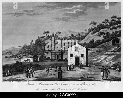 Ansicht der Siedlung Sao Miguel in Brasilien, 1813. 1803 wurde Kapitän I. F. Kruzenshtern der erste Russe, der den Erdball umrundete. Dieser atlas, der 1813 von der Russischen Akademie der Wissenschaften veröffentlicht wurde, enthält Karten von Kruzenshterns Route und 109 Schilder nach den Zeichnungen von V. G. Tilesius, einem Arzt, Naturforscher und offiziellen Künstler der Expedition. Es ist eine der größten Veröffentlichungen von Stichen aus dem Zarenrußland. Die dargestellten Themen umfassen Ansichten von Sachalin, Kamtschatka und den Kurilen; Darstellungen sibirischer Eingeborener und anderer Völker, die während der angetroffen wurden Stockfoto