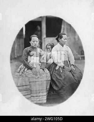 Koreanische Frauen, 1865-1871. Dieses Album enthält 154 Fotos, die in der zweiten Hälfte der 1860er und 1870er Jahre von einem lokalen Fotografen aus Fernost, V. V. Lanin, aufgenommen wurden. Der Kaufmann V. P. MYL'nikov überreichte es als Geschenk an die Kaiserliche öffentliche Bibliothek St. Petersburg nach seiner Rückkehr aus der Region Amur. Die Fotografien stellen eine Vielzahl von Themen dar, darunter kommunale Szenen von Blagoweschtschensk, Nikolajewsk-na-Amure und Wladiwostok; Bilder des Lebens und der Kultur der Einheimischen, Ansichten der Natur und des Handels entlang der Flüsse Amur, Ussuri und Suifun. Stockfoto