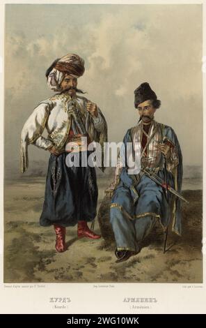Kurd. Armenisch, 1862. Blatt 16 aus dem Album „Description ethnographique des peuples de la Russie“, Band 1. Beschreibung ethnographique des peuples de la Russie (ethnographische Beschreibung der Völker Russlands) ist ein zweibändiges Werk, das 1862 in Sankt Petersburg veröffentlicht wurde, um das Jahrtausend der Gründung des Russischen Reiches (traditionell bis zur Gründung des Staates Kiewer Rus im Jahr 862) zu markieren. Das Werk ist Zar Alexander II. Gewidmet Band 1 besteht aus 62 farbigen Illustrationen, die ethnische Gruppen aus dem gesamten Russischen Reich in ihrer traditionellen Kleidung darstellen. Dieses view-Objekt Stockfoto