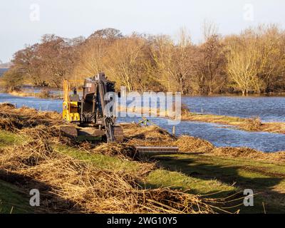 Eine Maschine, die Flutschutt aus einem Entwässerungsgraben auf den Nene-Waschanlagen in Cambridgeshire, Großbritannien, entfernt. Stockfoto