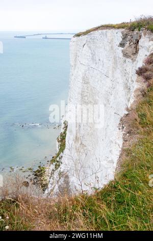 Steile, fast senkrechte Klippen, Kreidefelsen über dem Meer, ein Beispiel für Erosion in einer Küstenlandschaft, weiße Klippen von Dover, Hafenanlagen von Stockfoto