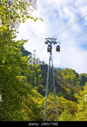 Seilbahn oder Gondelbahn über einen bewaldeten Berghang mit Hütten oder Gondeln und Seilbahnstützen oder Ständen oder Trägern, Erlebniswelt Thale, Aussicht Stockfoto