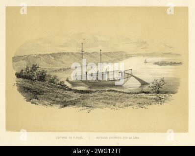 Flachboote auf dem Lena River, 1856. Aus Puteshestviye po Vostochnoy Sibiri I. Bulychova. Chast' 1-Ya. Poyezdka V Kamchatku (Eine Reise durch Ostsibirien: Teil 1, Reise nach Kamtschatka), Teil einer Sammlung von Alben in der Druckabteilung der Russischen Nationalbibliothek, die Expeditionen nach Sibirien und in den russischen Fernen Osten dokumentieren, die hauptsächlich im späten 19. Jahrhundert durchgeführt wurden. Der Compiler des Albums war Ivan dem'ianowitsch Bulytschow, ein Mitglied der Kaiserlich-Russischen Geographischen Gesellschaft. Das Album besteht aus 64 fein gezeichneten Illustrationen, die meisten in Farbe, aus 21 Ausgaben einer anderen Publi Stockfoto