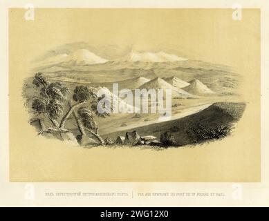 Blick auf die Landschaft in der Nähe des Hafens von Petropavlovsk, 1856. Aus Puteshestviye po Vostochnoy Sibiri I. Bulychova. Chast' 1-Ya. Poyezdka V Kamchatku (Eine Reise durch Ostsibirien: Teil 1, Reise nach Kamtschatka), Teil einer Sammlung von Alben in der Druckabteilung der Russischen Nationalbibliothek, die Expeditionen nach Sibirien und in den russischen Fernen Osten dokumentieren, die hauptsächlich im späten 19. Jahrhundert durchgeführt wurden. Der Compiler des Albums war Ivan dem'ianowitsch Bulytschow, ein Mitglied der Kaiserlich-Russischen Geographischen Gesellschaft. Das Album besteht aus 64 fein gezeichneten Illustrationen, die meisten in Farbe, von denen sie stammen Stockfoto