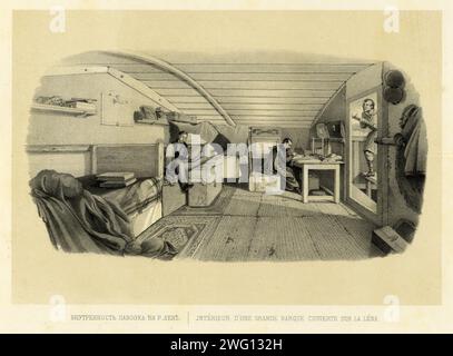 Das Innere eines Frachtschiffs mit flachem Draft auf dem Lena River, 1856. Aus Puteshestviye po Vostochnoy Sibiri I. Bulychova. Chast' 1-Ya. Poyezdka V Kamchatku (Eine Reise durch Ostsibirien: Teil 1, Reise nach Kamtschatka), Teil einer Sammlung von Alben in der Druckabteilung der Russischen Nationalbibliothek, die Expeditionen nach Sibirien und in den russischen Fernen Osten dokumentieren, die hauptsächlich im späten 19. Jahrhundert durchgeführt wurden. Der Compiler des Albums war Ivan dem'ianowitsch Bulytschow, ein Mitglied der Kaiserlich-Russischen Geographischen Gesellschaft. Das Album besteht aus 64 fein gezeichneten Illustrationen, die meisten in Farbe, aufgenommen Stockfoto