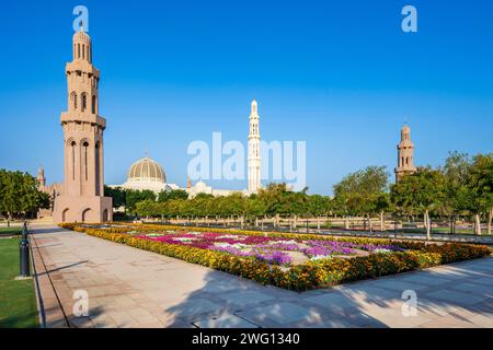 Sultan Qaboos große Moschee, blühende Blumen in Gärten, Muskat, Oman Stockfoto