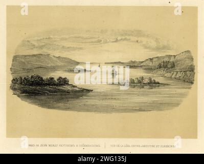 Blick auf die Lena zwischen Jakutsk und Olekminsk, 1856. Aus Puteshestviye po Vostochnoy Sibiri I. Bulychova. Chast' 1-Ya. Poyezdka V Kamchatku (Eine Reise durch Ostsibirien: Teil 1, Reise nach Kamtschatka), Teil einer Sammlung von Alben in der Druckabteilung der Russischen Nationalbibliothek, die Expeditionen nach Sibirien und in den russischen Fernen Osten dokumentieren, die hauptsächlich im späten 19. Jahrhundert durchgeführt wurden. Der Compiler des Albums war Ivan dem'ianowitsch Bulytschow, ein Mitglied der Kaiserlich-Russischen Geographischen Gesellschaft. Das Album besteht aus 64 fein gezeichneten Illustrationen, die meisten in Farbe, aus 21 issu Stockfoto