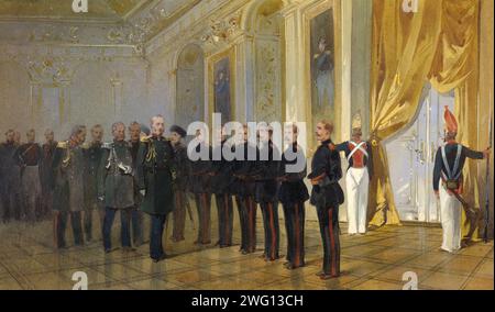 Sibirische Kosaken in der Garde Präsentation an Kaiser Nikolai Pawlowitsch im Michailowskij-Palast 1833, 19. Eines von 21 Aquarellen (von 27 Originalbildern) aus einem Album, das sich auf die Geschichte der sibirischen Kosaken bezieht, das von der Abteilung für seltene Bücher der Russischen Staatsbibliothek in Moskau gehalten wird. Das Album wurde als Geschenk für den zukünftigen Zaren Nikolaus II. (1868–1918, Regierungszeit 1895–1917), den meisten August Atamanen aller Kosaken Voiskos (Kommandeur aller Kosakentruppen, ein Titel von Nikolaus I.), geschaffen. und ihm im Sommer 1891 bei seiner Rückkehr nach Sankt Petersburg über Sibirien vorgestellt Stockfoto