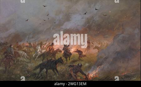 Pugatschews Rebellion in Sibirien Niederlage des Betrügers bei Troitsk, 21. Mai 1774, 19. Jahrhundert. Eines von 21 Aquarellen (von 27 Originalbildern) aus einem Album, das sich auf die Geschichte der sibirischen Kosaken bezieht, das von der Abteilung für seltene Bücher der Russischen Staatsbibliothek in Moskau gehalten wird. Das Album wurde als Geschenk für den zukünftigen Zaren Nikolaus II. (1868–1918, Regierungszeit 1895–1917), den meisten August Atamanen aller Kosaken Voiskos (Kommandeur aller Kosakentruppen, ein Titel von Nikolaus I.), geschaffen. und ihm im Sommer 1891 auf seiner Rückkehr nach Sankt Petersburg durch Sibirien von einer Reise nach t präsentiert Stockfoto