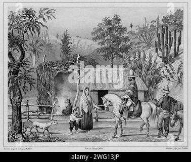Wohnung in Valparaiso, Chile, 19. Jahrhundert. Eine von 65 Lithografien, die in den Kartenband aufgenommen wurden, der nach der Weltreise der von Zar Nikolaus I. in Auftrag gegebenen Korvette Seniavin veröffentlicht wurde und 1826-29 unter dem Befehl von Hauptmann Fedor Litke (die russische Version des Namens Graf Friedrich Lu¨tke, ein Baltikum Deutsch). Die Expedition begann in Kronstadt (dem wichtigsten russischen Marinestützpunkt in der Nähe von Sankt Petersburg, wo die russischen Umrundungen typischerweise begannen und endeten) und reiste dann um Kap Horn bis zum Pazifischen Ozean. Diese Reise war eine von vielen Rus Stockfoto
