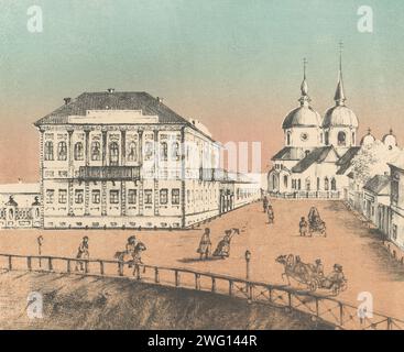 Wohnung des Gouverneurs und Kirche der Verkündigung, 1871. Dieses lithographische Album repräsentiert die sibirische Stadt Tomsk, wie sie Anfang der 1870er Jahre erschien Es enthält Bilder des Alekseevskii-Klosters und mehrerer Kirchen, darunter römisch-katholische und lutherische sowie orthodoxe, sowie verschiedene Regierungsgebäude, wie die Wohnung des Gouverneurs und die Regionalverwaltung. Das Album gehörte F.P. Riabushinskii, einem Mitglied einer berühmten Familie russischer Promyshlenniks (Kaufleute und Händler). Russische Staatsbibliothek Stockfoto
