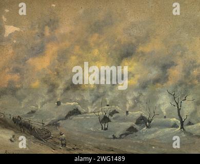 Blick auf ein Dorf in der Barabinsk Steppe im Winter, 1880-1897. Aus einer Sammlung von Gemälden, Lithografien, Skizzen, Studien und Zeichnungen, die verschiedene abgelegene Ecken der sibirischen Wildnis, spektakuläre Ausblicke auf den Altai, Szenen zahlreicher sibirischer Städte und Dörfer und die Gesichter und Lebensweise der indigenen Völker Sibiriens erfassen. Nationale Forschungsuniversität Tomsk Stockfoto