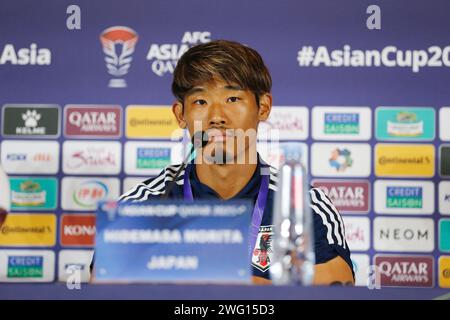 Doha, Katar. Februar 2024. Hidemasa Morita (JPN) Fußball/Fußball : Japanischer Spieler Morita bei der Pressekonferenz des AFC Asian Cup Qatar 2023 im Main Media Center in Doha, Katar. Quelle: Mutsu Kawamori/AFLO/Alamy Live News Stockfoto