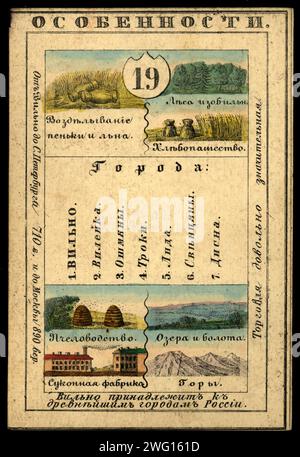 Provinz Vilnius, 1856. Diese Karte ist eine von einem Souvenir-Set mit 82 illustrierten Karten, eine für jede Provinz des Russischen Reiches, wie sie 1856 existierte. Jede Karte gibt einen Überblick über die Kultur, Geschichte, Wirtschaft und Geografie einer bestimmten Provinz. Auf der Vorderseite der Karte sind charakteristische Merkmale wie Flüsse, Berge, Großstädte und wichtige Industriezweige dargestellt. Die Rückseite jeder Karte enthält eine Karte der Provinz, das Provinzsiegel, Informationen über die Bevölkerung und die lokale Tracht der Einwohner. Nationalbibliothek von Russland Stockfoto
