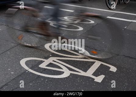 PRODUKTION - 29. Januar 2024, Hessen, Frankfurt/Main: Ein Radweg in Frankfurt. Jeden Monat werden Tausende von privaten Anzeigen in Frankfurt geschaltet, um zu verhindern, dass Menschen auf Radwegen parken. Foto: Boris Roessler/dpa Stockfoto