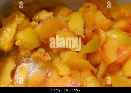 Gesundes Essen, frisches Obst, in Scheiben geschnittene Stücke reifer Pfirsiche mit Zucker bestreut. Stockfoto