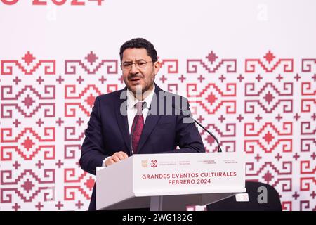 Große kulturelle Aktivitäten Pressekonferenz 1. Februar 2024, Mexiko-Stadt, Mexiko: Der Regierungschef von Mexiko-Stadt, Marti Batres, spricht während einer Pressekonferenz, um große kulturelle Aktivitäten für den Monat Februar 2024 im Old Town Hall Palace zu verkünden. Mexiko-Stadt Mexiko Copyright: XAlejandroxMedinaxGuzmanxxEyepixx Stockfoto