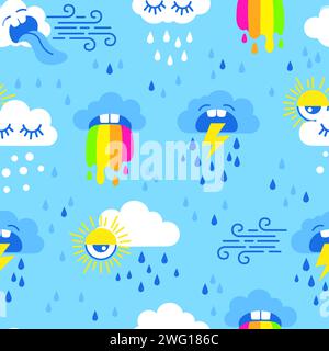 Lebendiges, nahtloses Muster. Handgezeichnete Vektorgrafik. Set mit Wetterelementen in flachem Cartoon-Stil auf blauem Hintergrund Stock Vektor