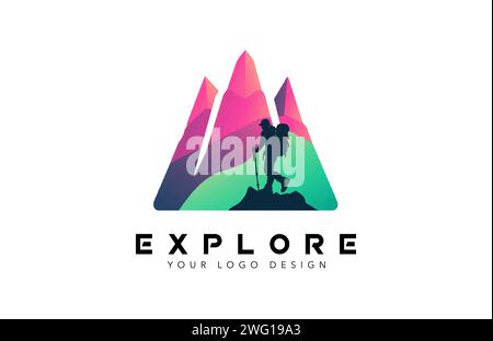 Abenteuer und Erkunden Logo Design Konzept, Wanderer Wandern Logo Design mit Berggipfeln Vektor Illustration. Stock Vektor