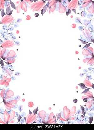 Aquarell transparentes Blumenstrauß Arrangement aus Rosen, Glockenblume, Knospen, Blättern, Zweigen in pastellrosa, grau, blau, violett, lila Vintage orna Stockfoto