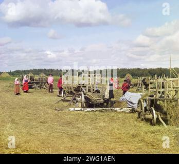 Heu, Ruhezeit [Russisches Reich], 1909. Landarbeiter stehen in der Nähe ihrer Ausrüstung und machen eine kurze Pause von der Heugewinnung, um für ihr Foto zu posieren. Der Standort ist zwar unbekannt, liegt aber wahrscheinlich in der Nähe der Stadt Tscherepowez im nördlichen Mitteleuropa Russlands. Stockfoto