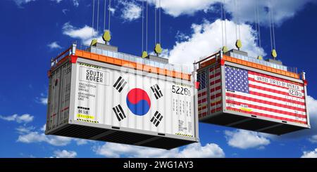 Versandbehälter mit Flaggen aus Südkorea und den USA – 3D-Illustration Stockfoto