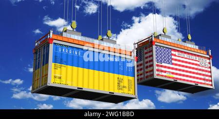 Versandbehälter mit Flaggen der Ukraine und der USA – 3D-Illustration Stockfoto
