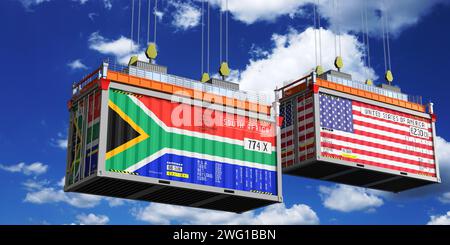 Versandbehälter mit Flaggen aus Südafrika und den USA – 3D-Illustration Stockfoto