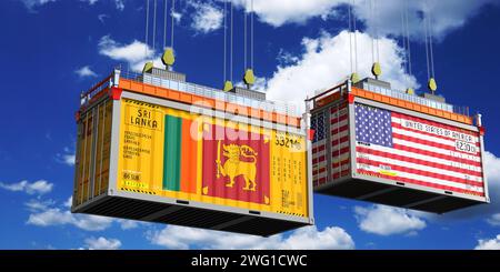 Versandbehälter mit Flaggen von Sri Lanka und den USA – 3D-Illustration Stockfoto