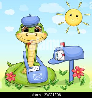 Ein netter grüner Cartoon-Schlangenpostmann mit blauer Tasche und Hut steht neben dem Briefkasten. Vektorillustration eines Tieres. Stock Vektor