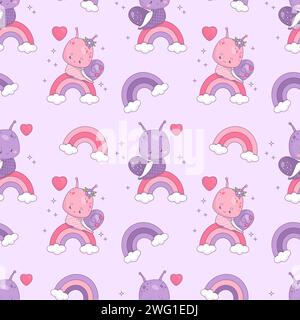 Nahtloses Muster mit verliebtem Schneckenmädchen und -Jungen auf Regenbogen. Lustiges Kawaii-Insekt auf violettem Hintergrund. Vektorillustration im trendigen Retro-Stil. ROM Stock Vektor