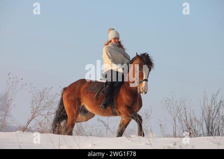 Mädchen galoppiert auf einem Pferd auf der schneebedeckten Winterranch Stockfoto