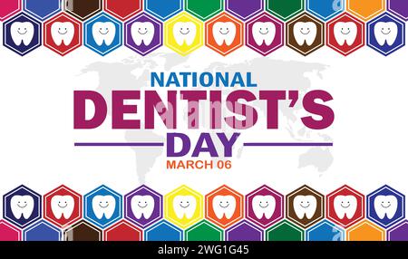 Nationaler Zahnarzttag. März 06. Urlaubskonzept. Vorlage für Hintergrund, Banner, Karte, Poster mit Textbeschriftung. Vektorabbildung Stock Vektor
