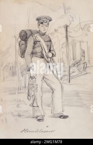 „Hupengebläse“. Junger Soldat mit Rudel und Instrumenten. (C1850 s). Stockfoto
