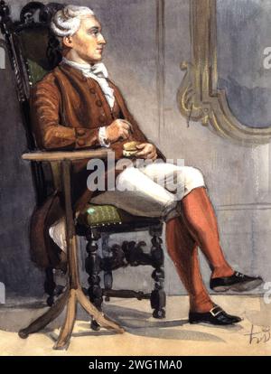 "Mann im historischen Kostüm, der auf einem Stuhl sitzt." (C1850 s). Stockfoto