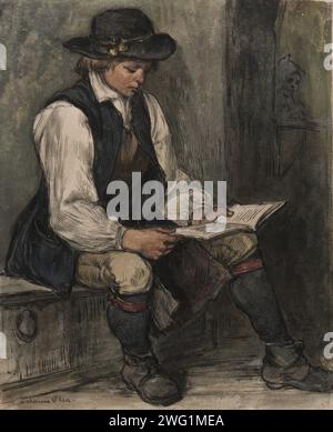 Junge sitzt und liest in einem Buch, 1860-1890. Stockfoto
