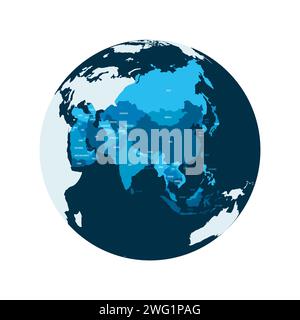 Politische Landkarte Asiens. Blaues Land mit Ländernamen auf weißem Hintergrund. Ortographische Projektion. Vektorabbildung Stock Vektor