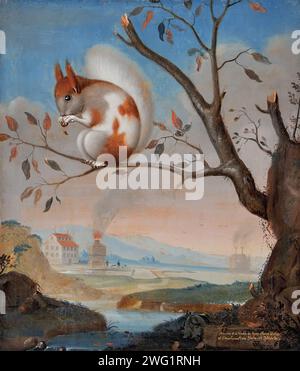 Geflecktes Eichhörnchen in der Hogbo-Mühle, 1734. Im Vordergrund ein weißes und kastanienbraunes Eichhörnchen, das an einer Nuss nagt und auf einem Zweig sitzt. In der Hintergrundlandschaft mit Wasserläufen, Herrenhaus, Hochofen und einigen Leuten auf der Jagd. Stockfoto