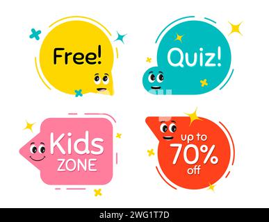 Sprachblasen mit Gesichts-Emotionen. Vektor-Illustration für Kinder. Niedliche lustige Charaktere. Stock Vektor