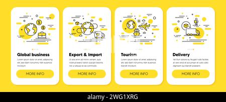 Symbole für internationale Geschäfte, Exportieren, Importieren von Zeilen. Globaler Handel, Lieferservice. Mobiltelefon-App 4 Schritte. Vektor Stock Vektor
