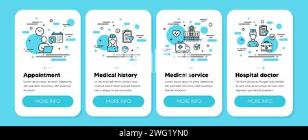 Symbole für medizinische Termine, Patientenanamnese, medizinische Servicelinien. Mobiltelefon-App 4 Schritte. Vektor Stock Vektor