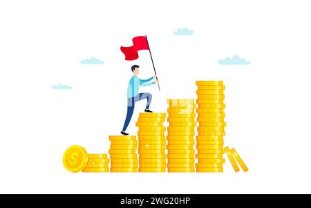 Der Mann klettert auf Münzen, um Profit zu machen. Diagramm für Geschäftswachstum. Infografik des Erfolgs. Bank Investment Management. Vektor Stock Vektor