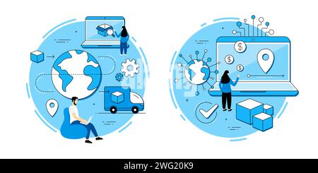 Logistikvorgänge, Vektorsymbole für Lieferservice festgelegt. Geschäftlicher Transport, Warentransfer. Metapher-Symbole. Stock Vektor