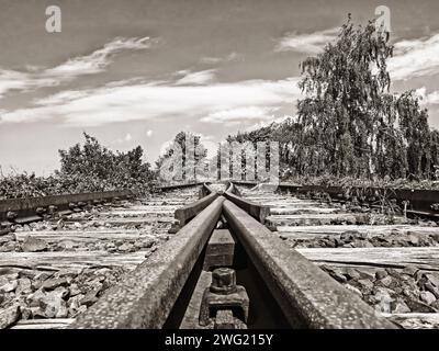 Rostige Spuren einer stillgelegten Eisenbahnlinie, die ins nichts führen, Sepia-getöntes Bild Stockfoto