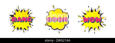 Comic-Sprechblasen mit Bang-, Boom- und Wow-Tags. Pop-Art-Banner mit überraschenden Ausdrücken. Vektor Stock Vektor