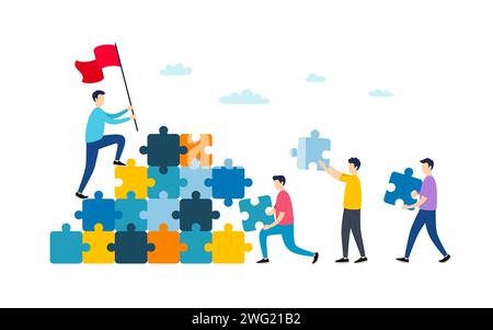 Business-Puzzle-Konzept. Teamarbeit und Partnerschaft im Büro. Das Team arbeitet mit Puzzle-Elementen zusammen. Vektor Stock Vektor