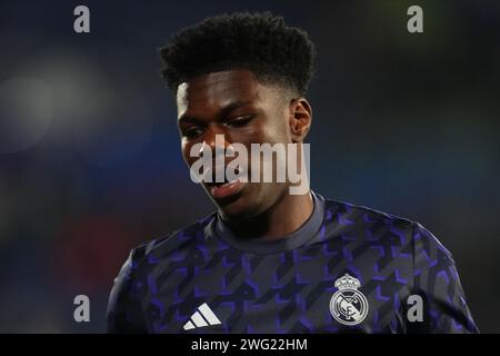 Getafe, Spanien. Februar 2024. Aurelien Tchouameni von Real Madrid während der La Liga EA Sports, DATE 20 zwischen Getafe CF und Real Madrid spielte am 1. Februar 2024 im Coliseum Stadium in Getafe, Madrid, Spanien. (Foto: Bagu Blanco/PRESSINPHOTO) Credit: PRESSINPHOTO SPORTS AGENCY/Alamy Live News Stockfoto