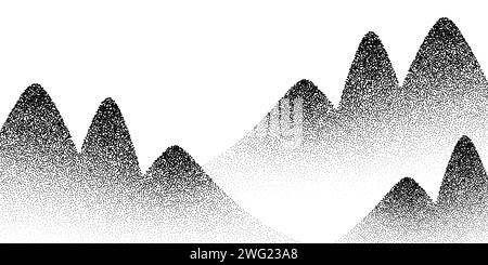 Dotwork Bergbäume Hintergrund. Schwarzer Lärm stipple Punkte auf den Hügeln. Gepunktete Waldvektoren Stock Vektor
