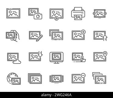 Symbole für Fotolinien. Bild drucken, Fotokamera, Bildsymbole hochladen. Bild bearbeiten, Präsentation wiedergeben. Vektor Stock Vektor